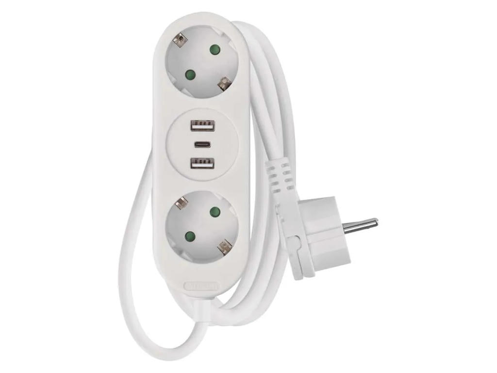2-Stikdåse 1,5 Meter Ledning med 2 x USB A + 1 x USB C 