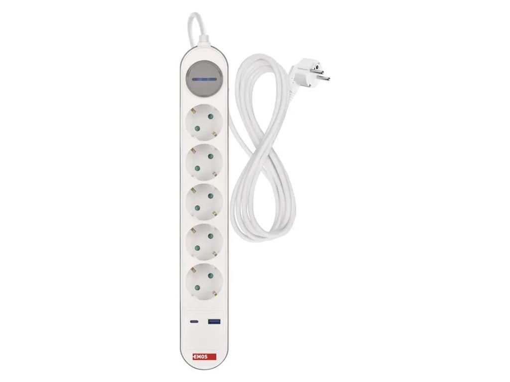 EMOS 5-Stikdåse 3 m med USB-A/USB-C Hvid/Grå