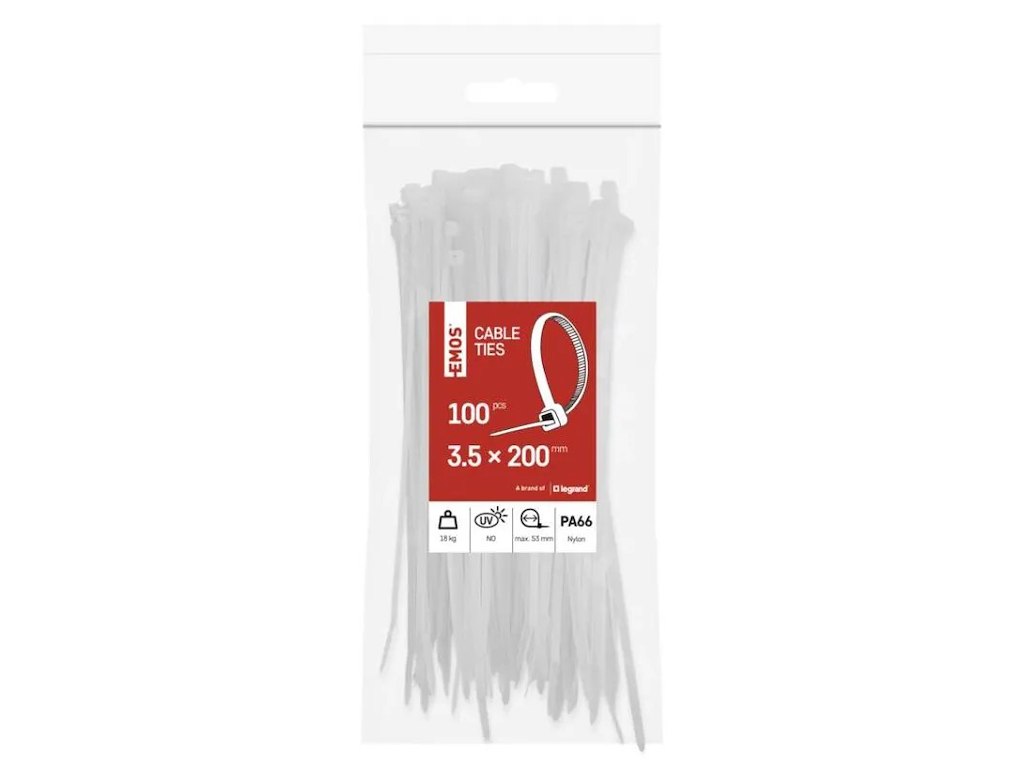 EMOS Kabelstrips 200×3,5 mm | Hvid | 100 stk