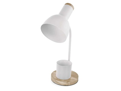 EMOS POPPY – Hvid bordlampe i metal og træ med E27-fatning