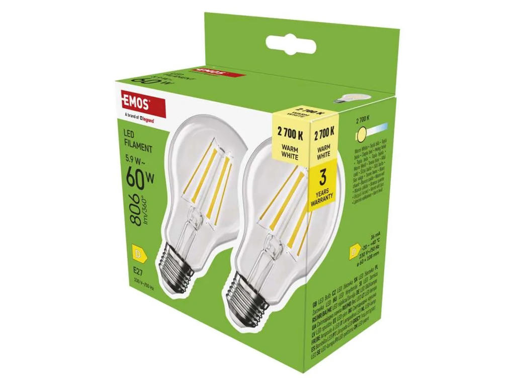 EMOS LED Std. 5,9W (60W) Klar 2700K E27 2 PAK