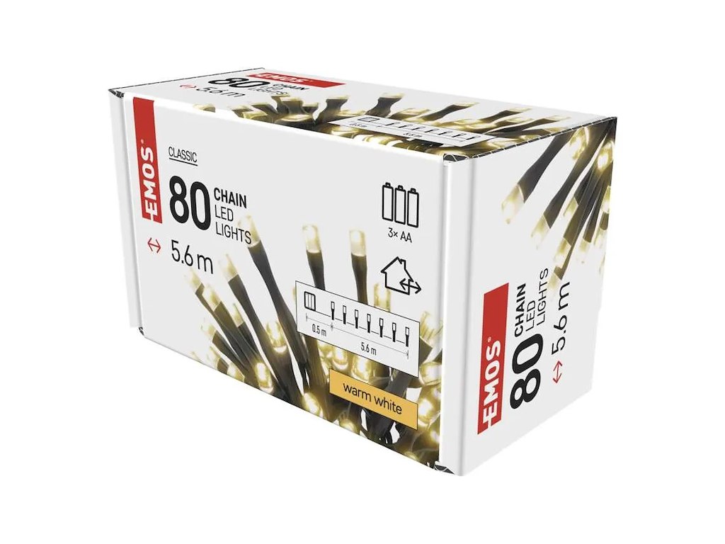 EMOS LED Lyskæde 80 dioder 5,6M m/timer batteri 3xAA