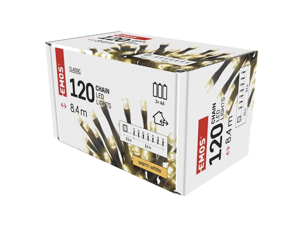 EMOS LED lyskæde 120 dioder 8,4M m/timer & batteri 3xAA