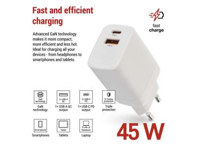 Universal USB GaN Oplader PD 45W 2-porte USB-A & USB-C