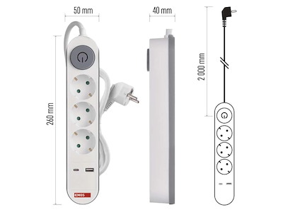 3-Stikdåse 2 meter ledning M/USB