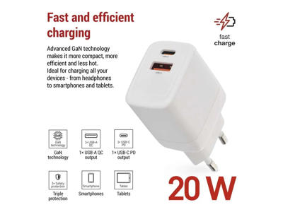 Universal USB GaN Oplader PD 20 W 2-porte USB-A & USB-C