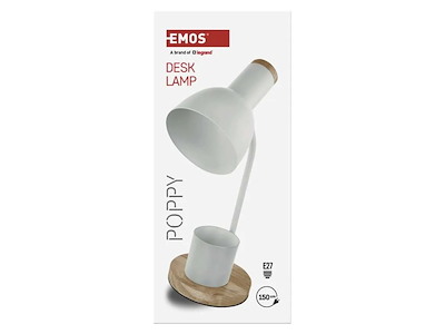 EMOS POPPY – Hvid bordlampe i metal og træ med E27-fatning