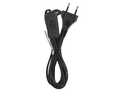 Lampeledning med stik + afbryder, 2 meter, sort