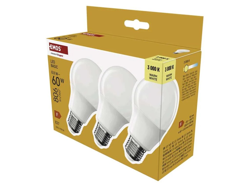 EMOS LED Pære 8,8W (60W) 3000K E27 3-PAK