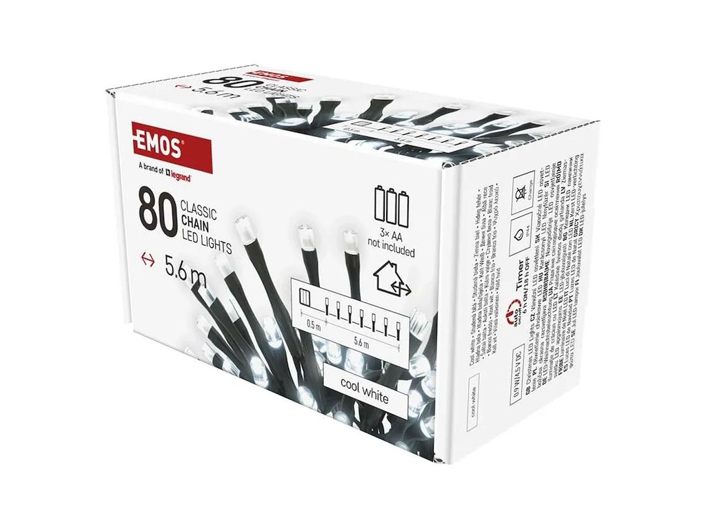 EMOS LED Julelyskæde 5,6m 80 LED Kølig Hvid med Timer IP44 | 3 × AA-batterier