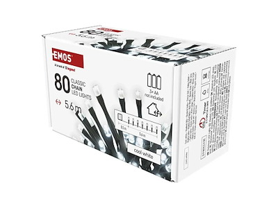 EMOS LED Julelyskæde 5,6m 80 LED Kølig Hvid med Timer IP44 | 3 × AA-batterier