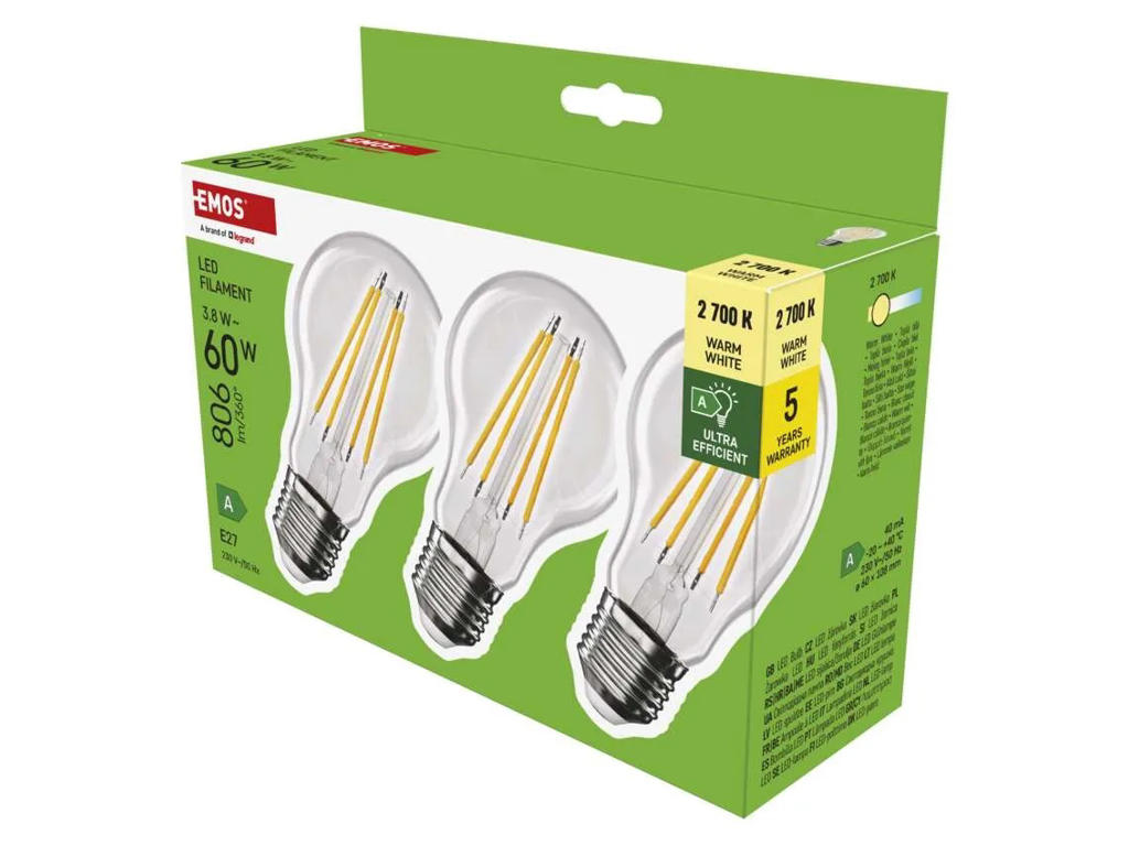 EMOS LED Pærer 3,8W (60W) 2700K E27 3-PAK