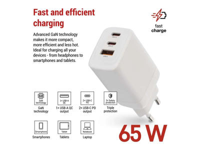 Universal USB GaN Oplader PD 65W 3-porte USB-A & USB-C1,C2